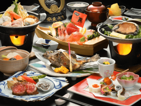 鯵ヶ沢温泉 水軍の宿 【早期割30】「活鮑陶板焼」「幻の魚イトウ」「選べる鮮魚の炭火焼」さらに国産黒毛和牛も!■贅沢三昧「松御膳」プラン■オールインクルーシブ■DP