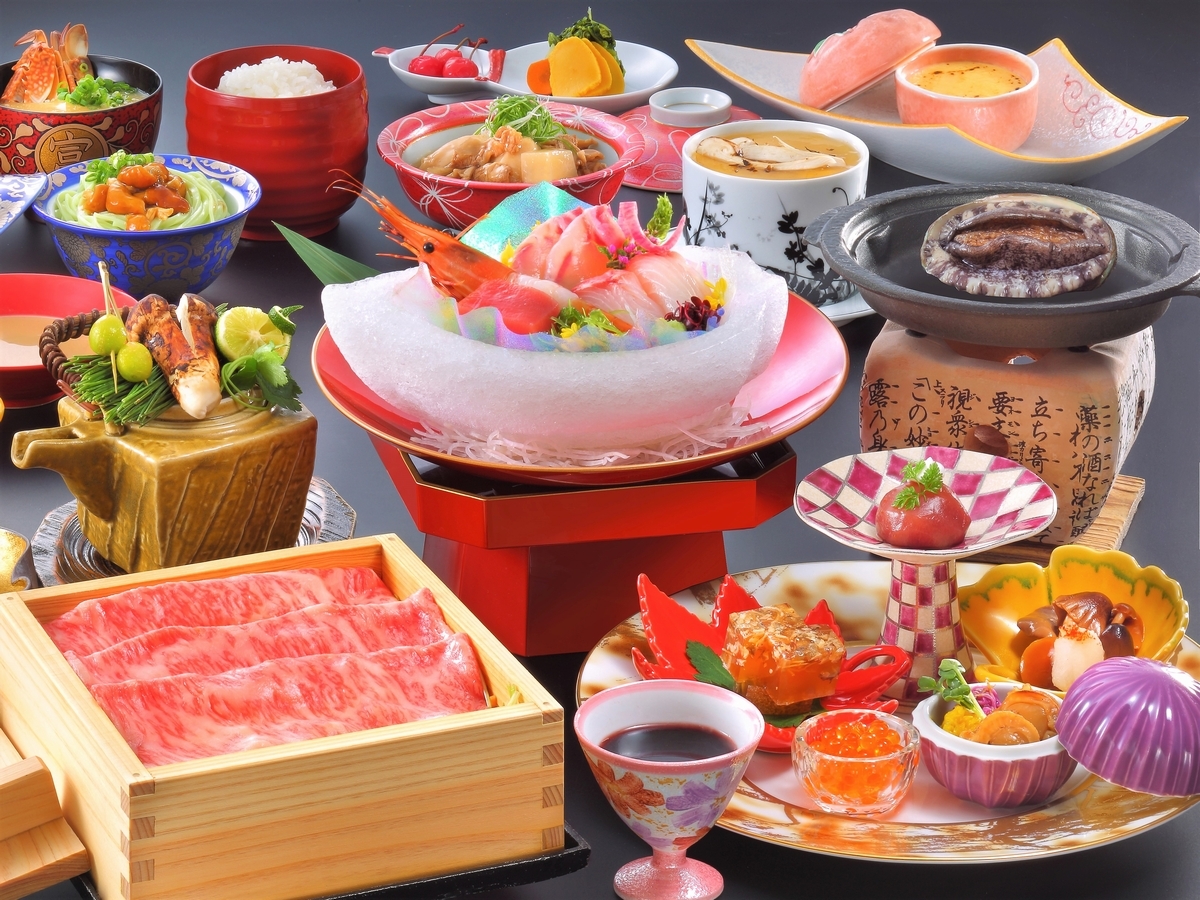 あつみ温泉・萬国屋 【至福の食べ比べ♪】山形の旬食材を味わう！活アワビ陶板焼き＆山形牛温泉蒸しグルメプラン